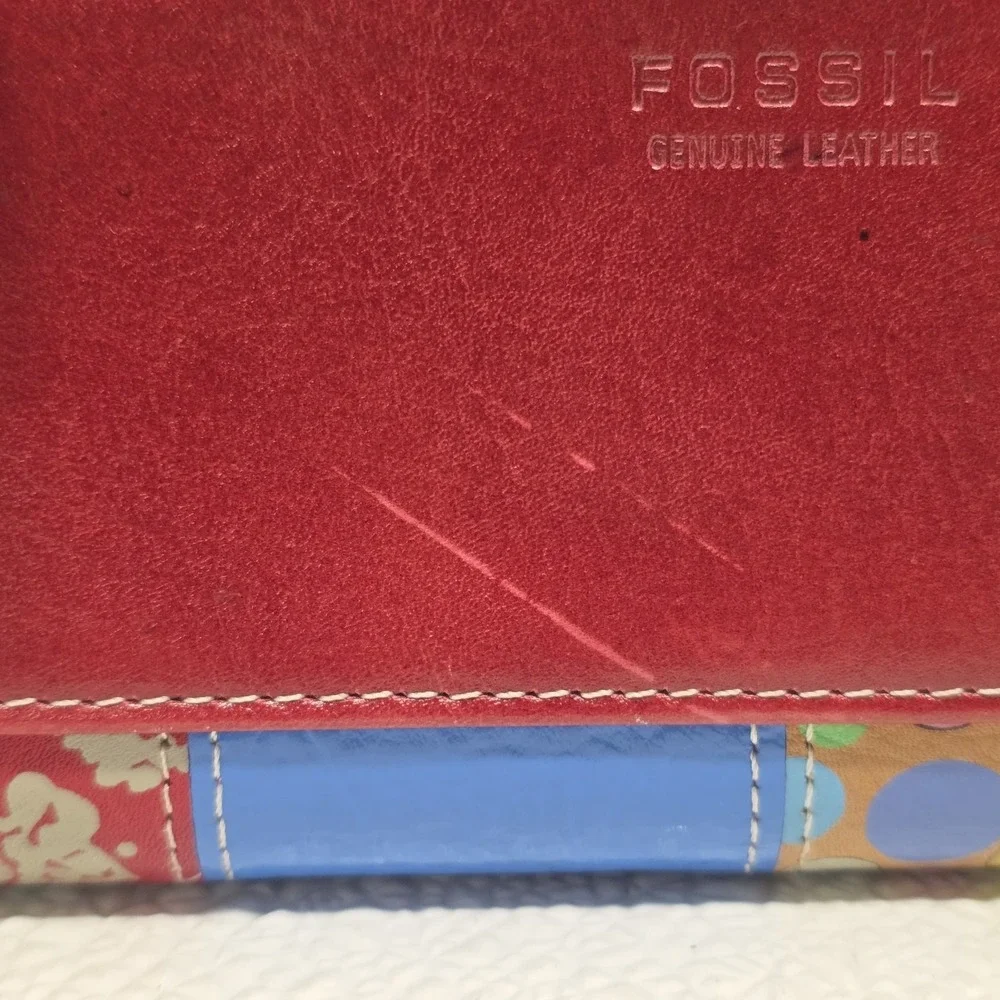 Fossil Red Leather Multicolor Patchwork Wallet Vintage